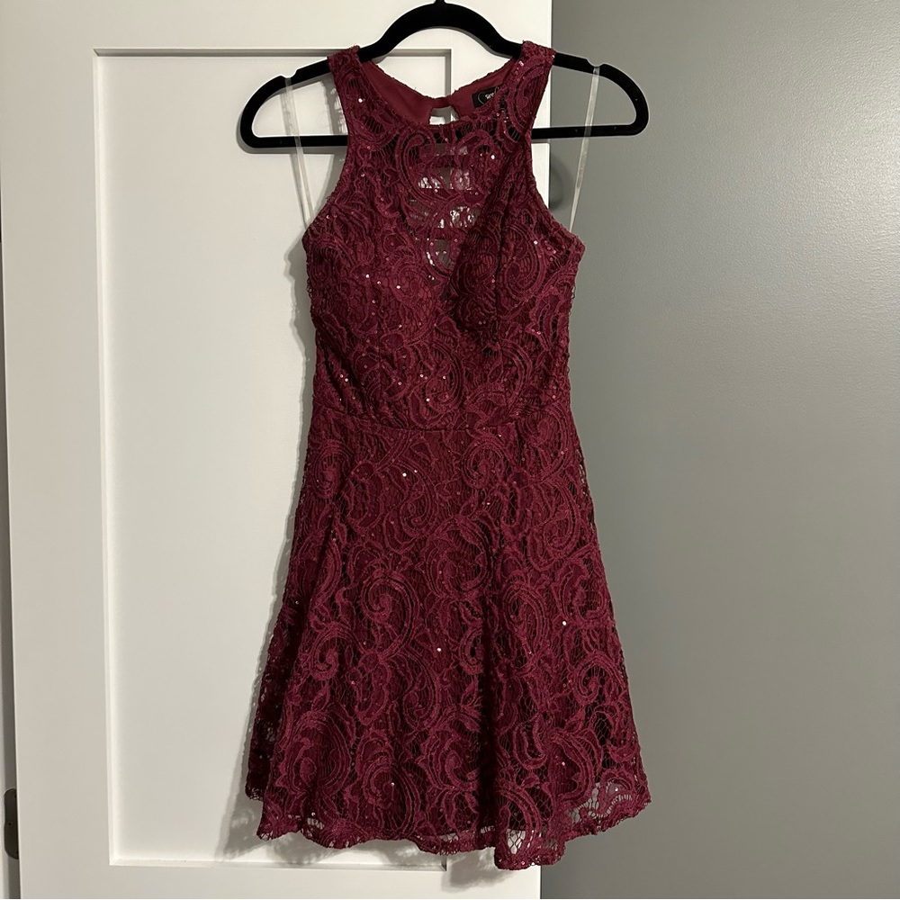Speechless Lace Double-Skirt Fit & Flare Dress Burgundy